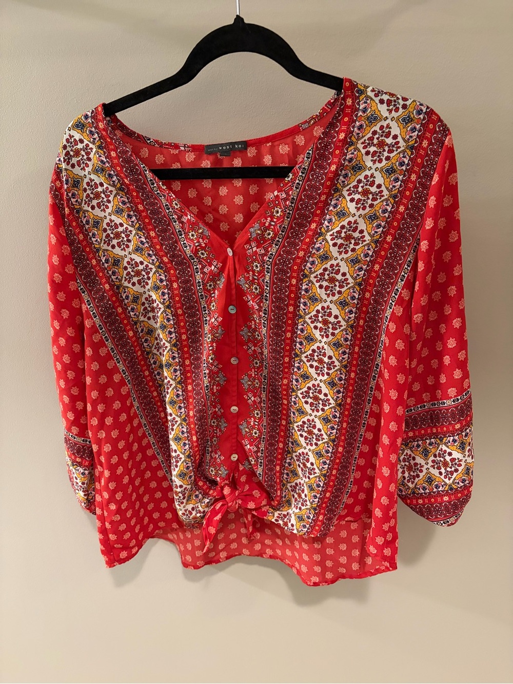 Red Boho Tie-Front Printed Blouse